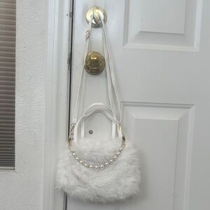 White Faux Fur Pearl Accent Crossbody Bag - Women